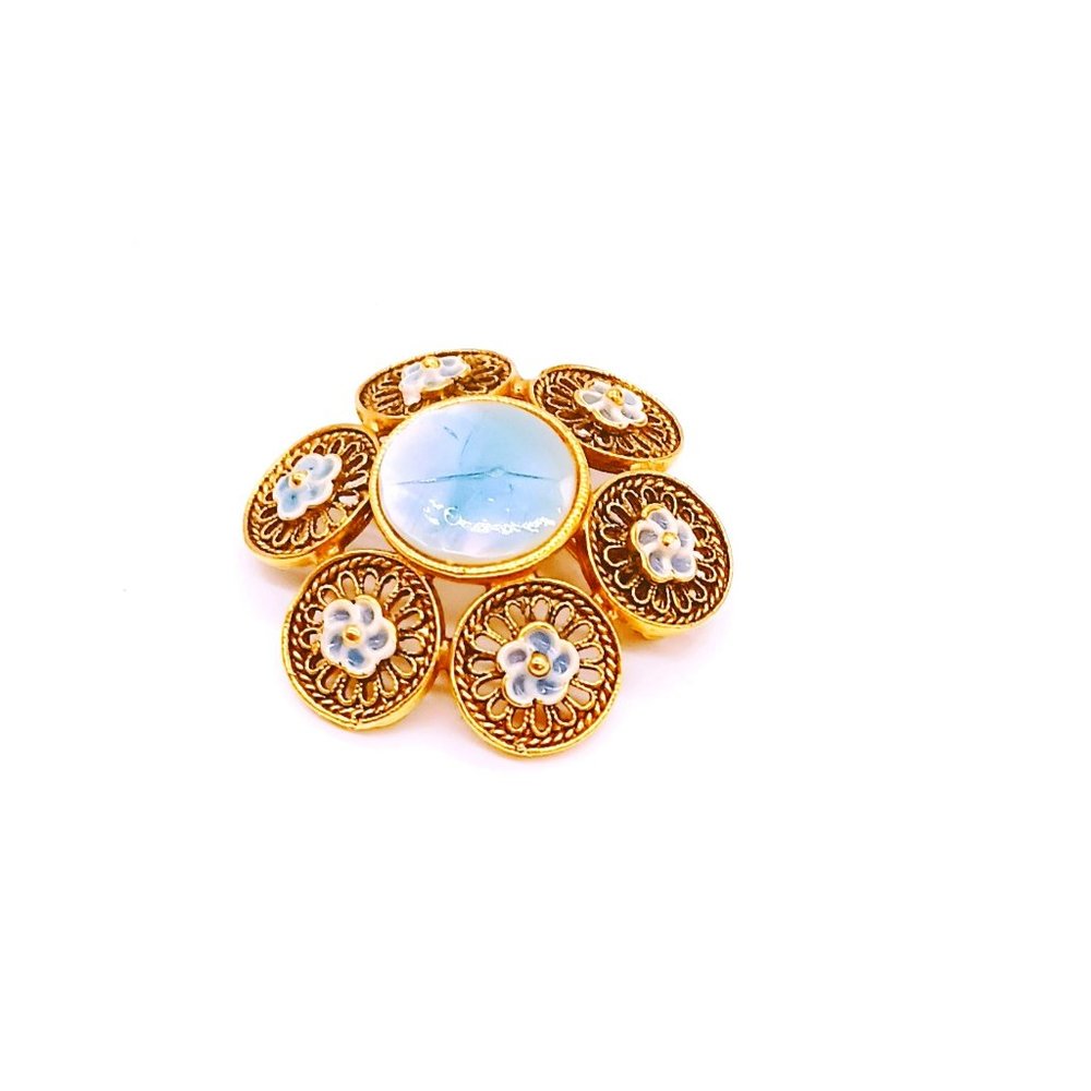 Vintage Gold Filigree Flower Brooch. Blue Celluloid Center Tiny Blue Flower